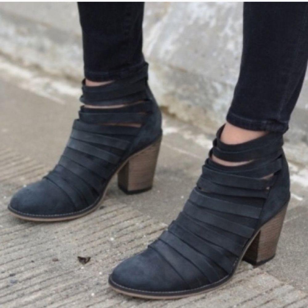 FREE PEOPLE Hybrid Heels Black Suede Leather Strappy Heeled Booties Sz. …